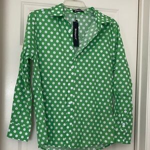 Allegra K Green and White Polka Dot Button-Down Shirt
